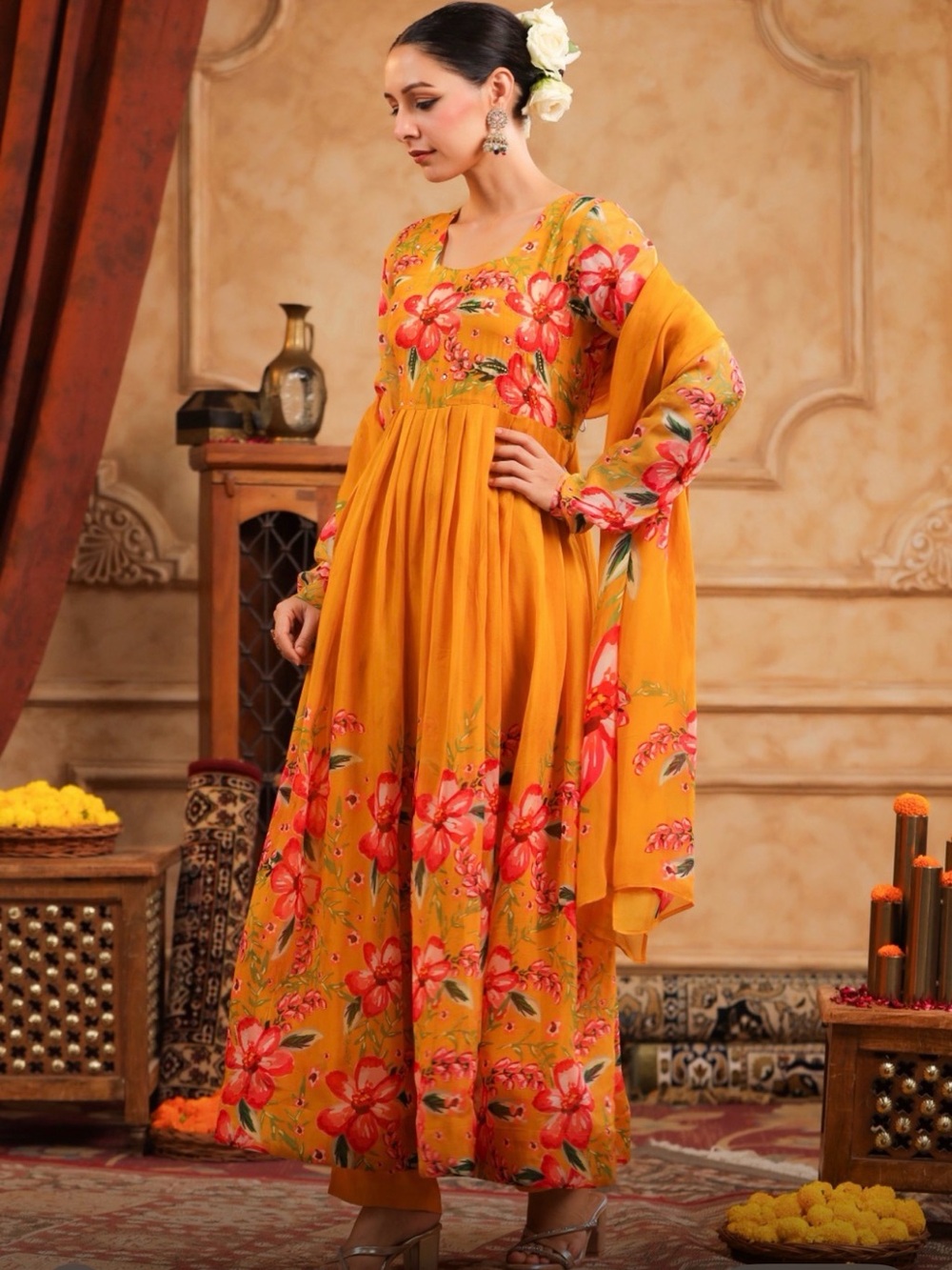 Mustard Floral Long Sleeve Anarkali Dress
